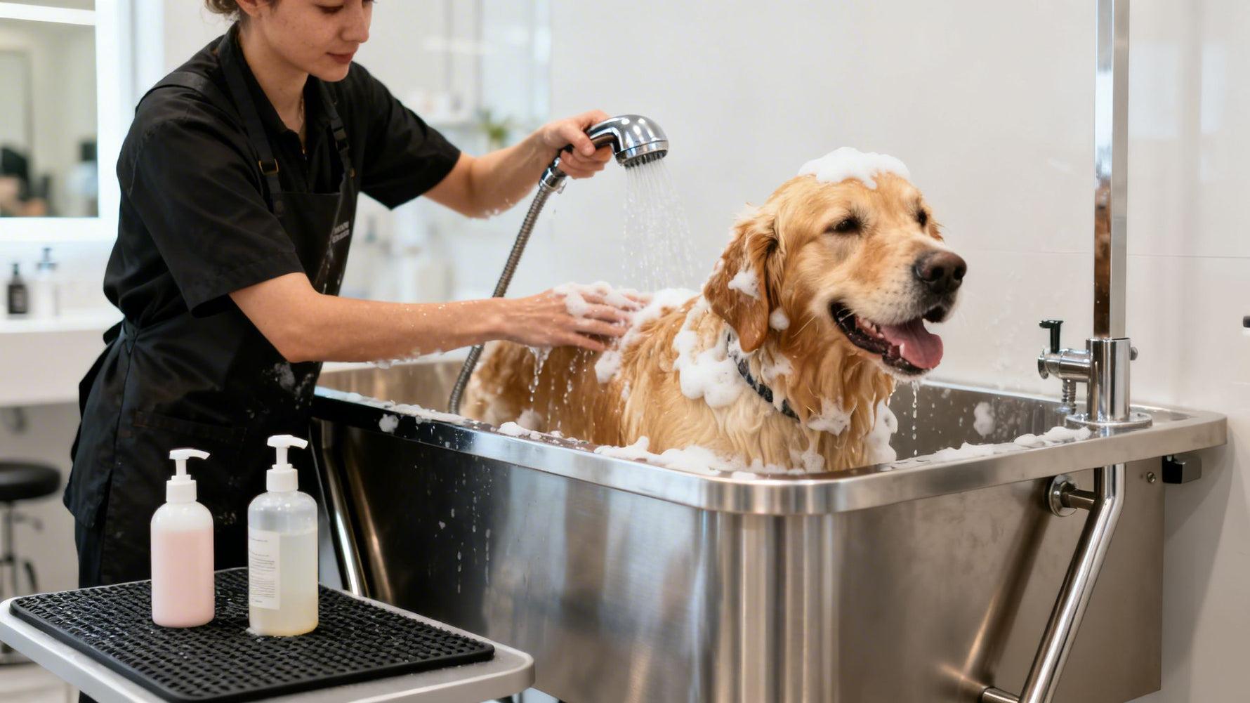 Dog enjoying a professional grooming bath